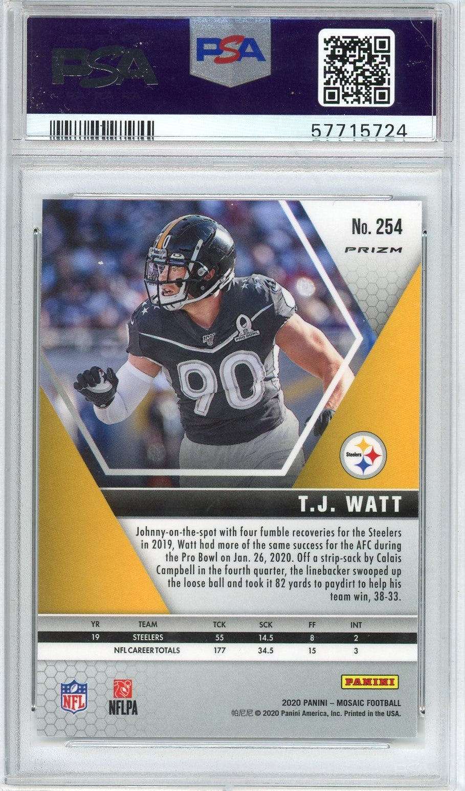 Graded 2020 Panini Mosaic T.J. Watt #254 Mosaic Football Card PSA 10 Gem Mint