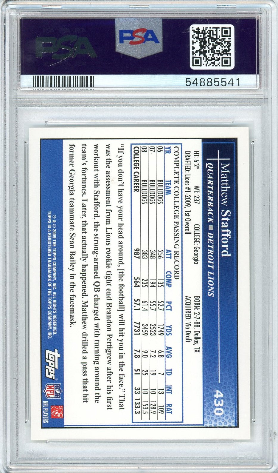 Graded 2009 Topps Matthew Stafford #430 Throwing Rookie RC Football Card PSA 10 Gem Mint