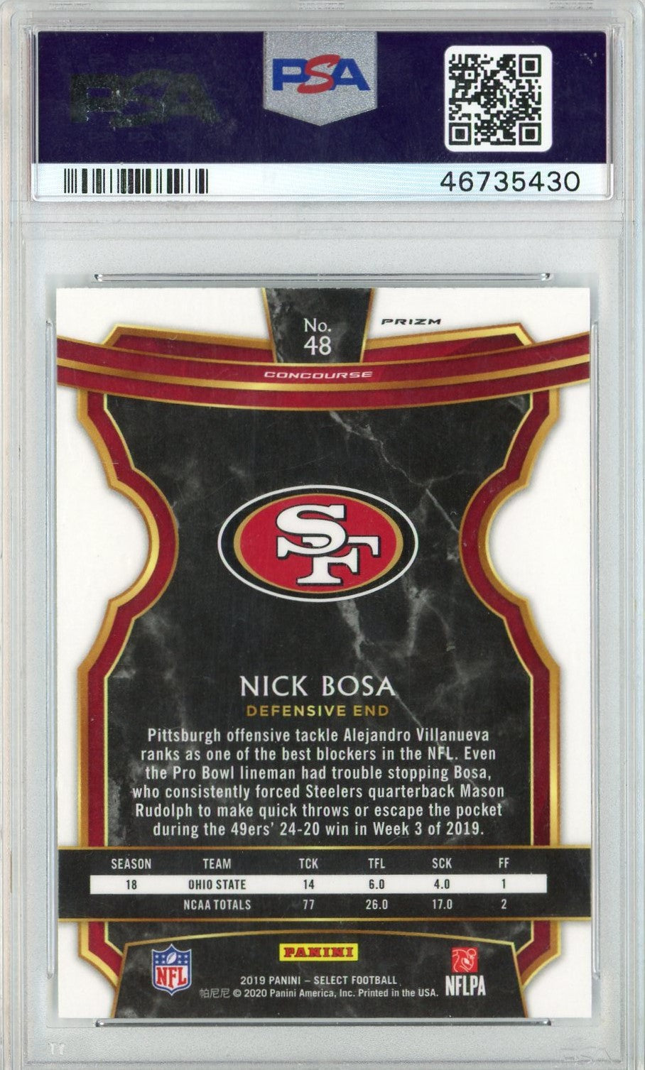 Graded 2019 Panini Select Nick Bosa #48 Silver Rookie RC Football Card PSA 10 Gem Mint