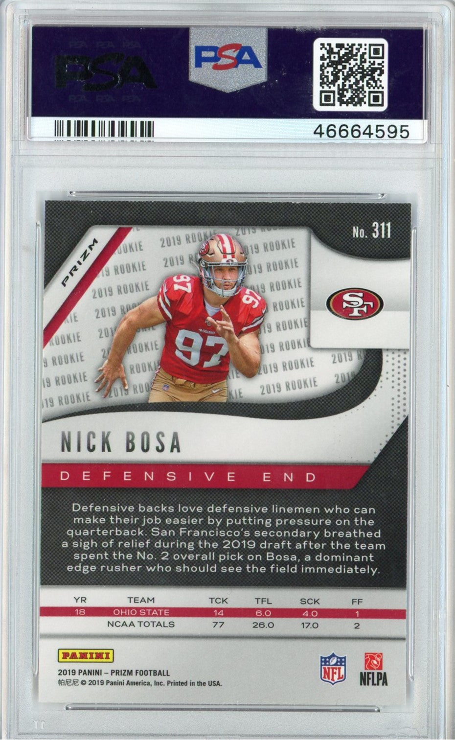 Graded 2019 Panini Prizm Nick Bosa #311 Red/White/Blue Prizm Rookie RC Football Card PSA 10 Gem Mint