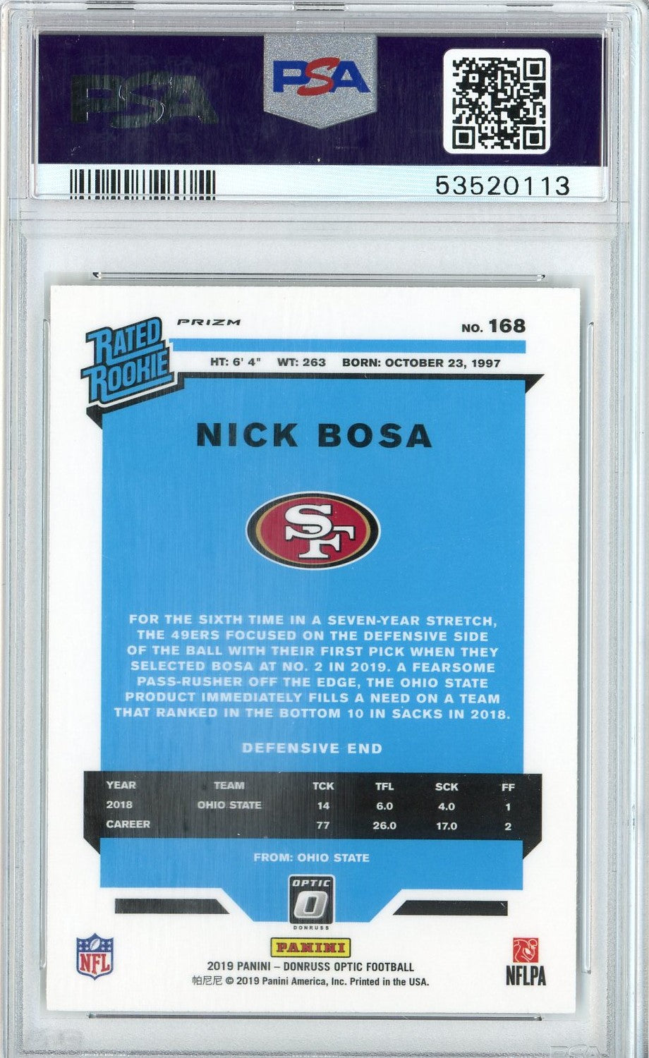 Graded 2019 Panini Donruss Optic Nick Bosa #168 Bronze Rookie RC Football Card PSA 10 Gem Mint