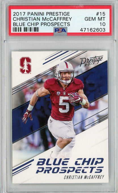 Graded 2017 Panini Prestige Christian McCaffrey #15 Blue Chip Prospects Rookie RC Football Card PSA 10 Gem Mint