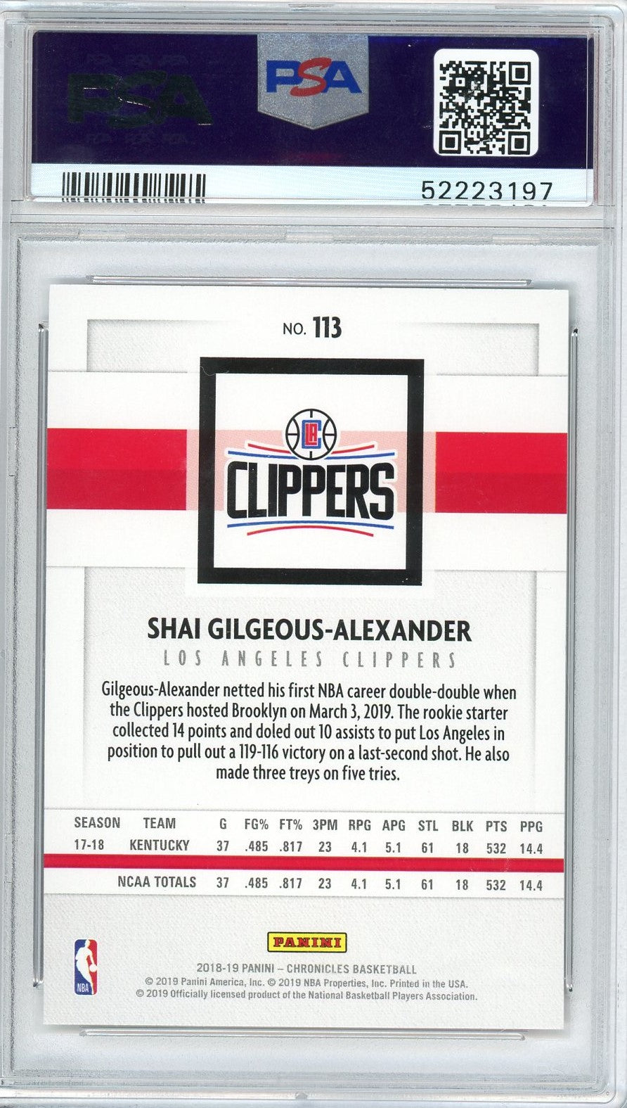 Graded 2018 Panini Chronicles Shai Gilgeous-Alexander #113 Pink Rookie RC Basketball Card PSA 10 Gem Mint