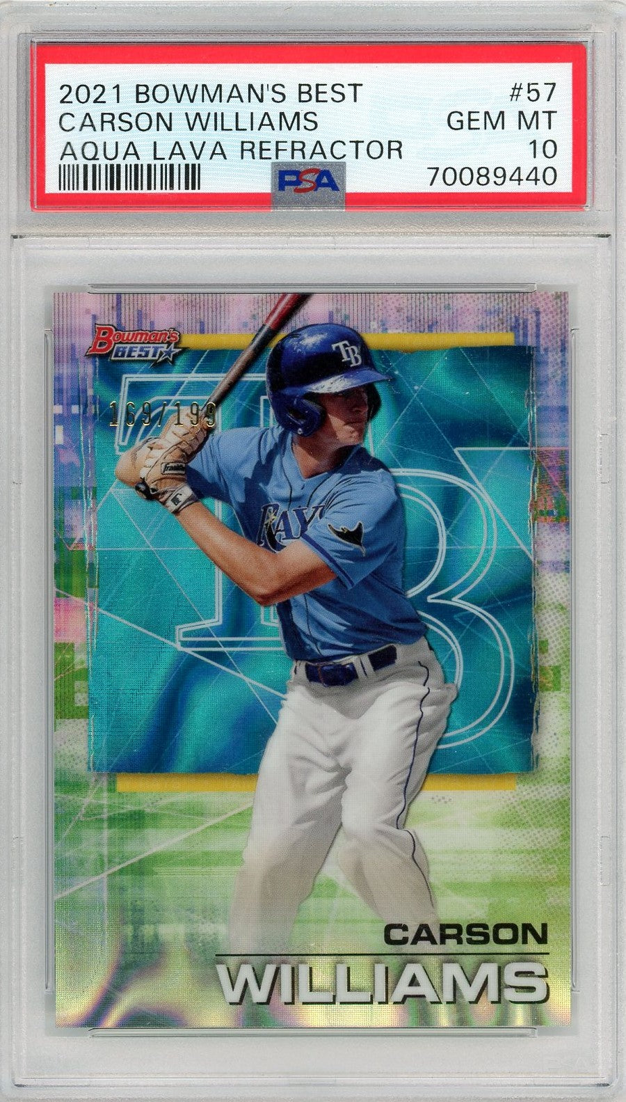 Graded 2021 Topps Bowmans Best Carson Williams #AL Aqua Lava#/199 Refractor Rookie RC Baseball Card PSA 10 Gem Mint