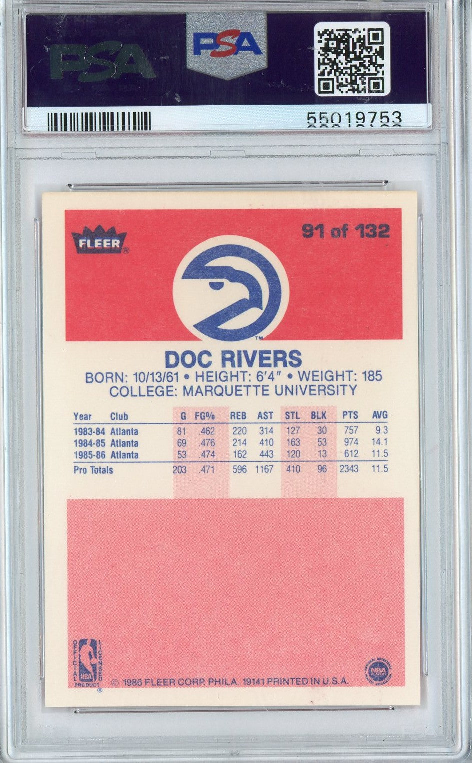 Graded 1986 Fleer Doc Rivers #91 Rookie RC Basketball Card PSA 8 NM-MT