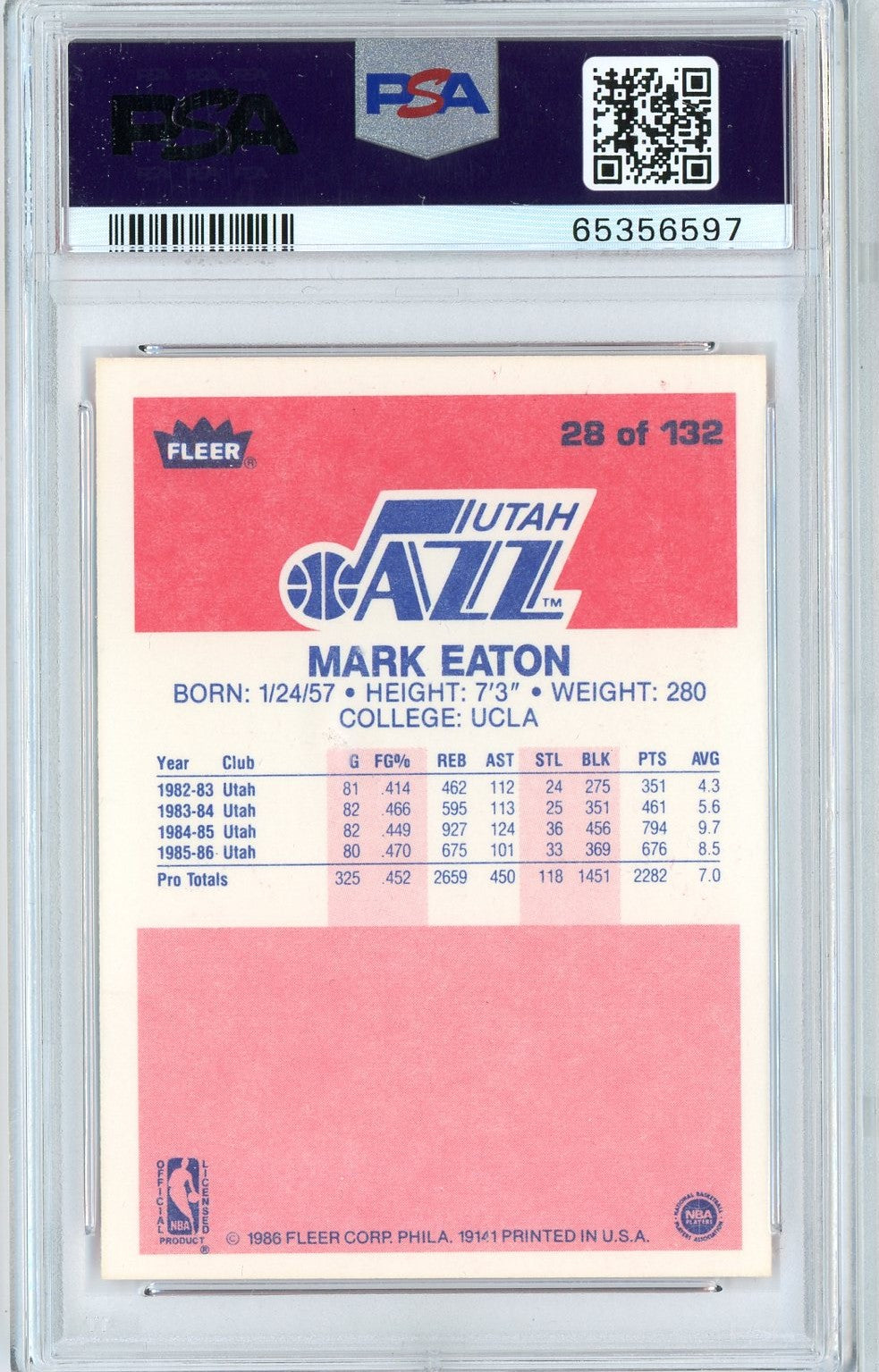 Graded 1986 Fleer Mark Eaton #28 Rookie RC Basketball Card PSA 8 NM-MT