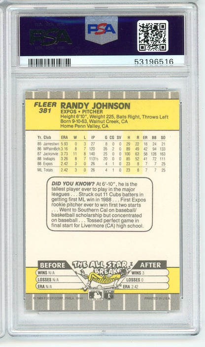 Graded 1989 Fleer Randy Johnson #381 Rookie RC Baseball Card PSA 9 Mint