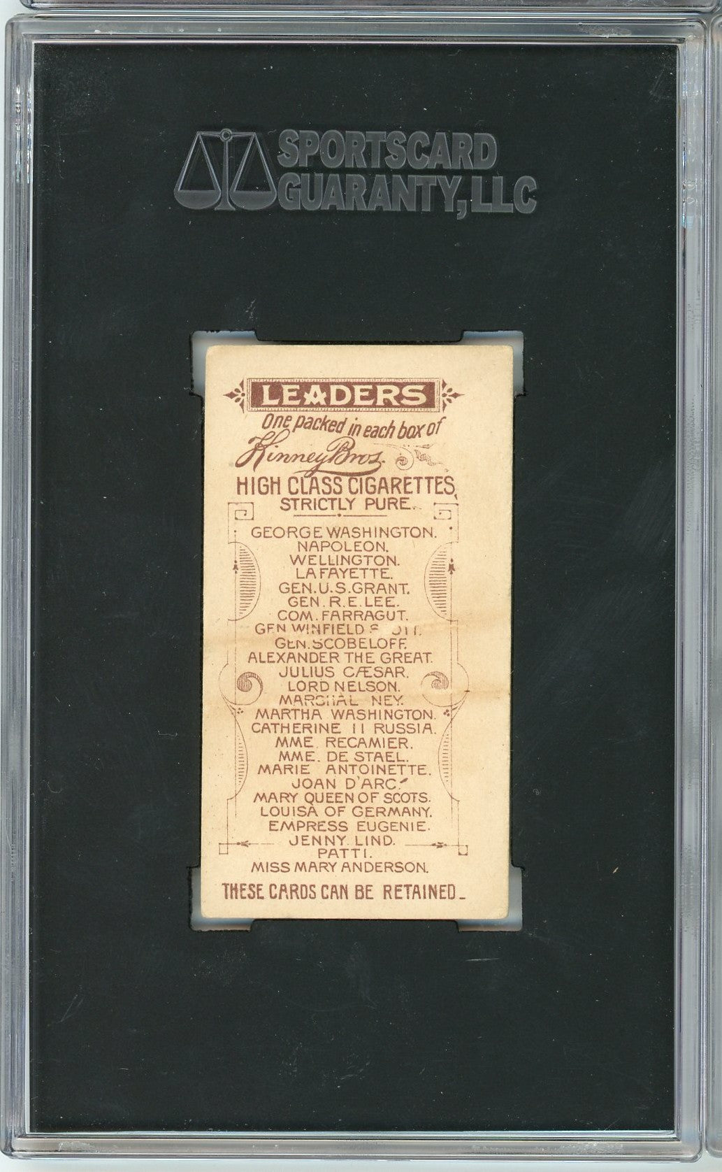 Graded 1889 N222 Kinney Bros. Leaders George Washington Baseball Tobacco Card SGC 2.5 Good