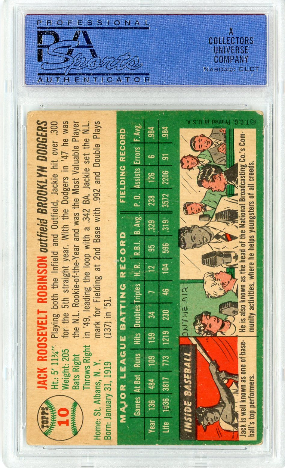 Graded 1954 Topps Jackie Robinson #10 Baseball Card PSA 5 Excellent