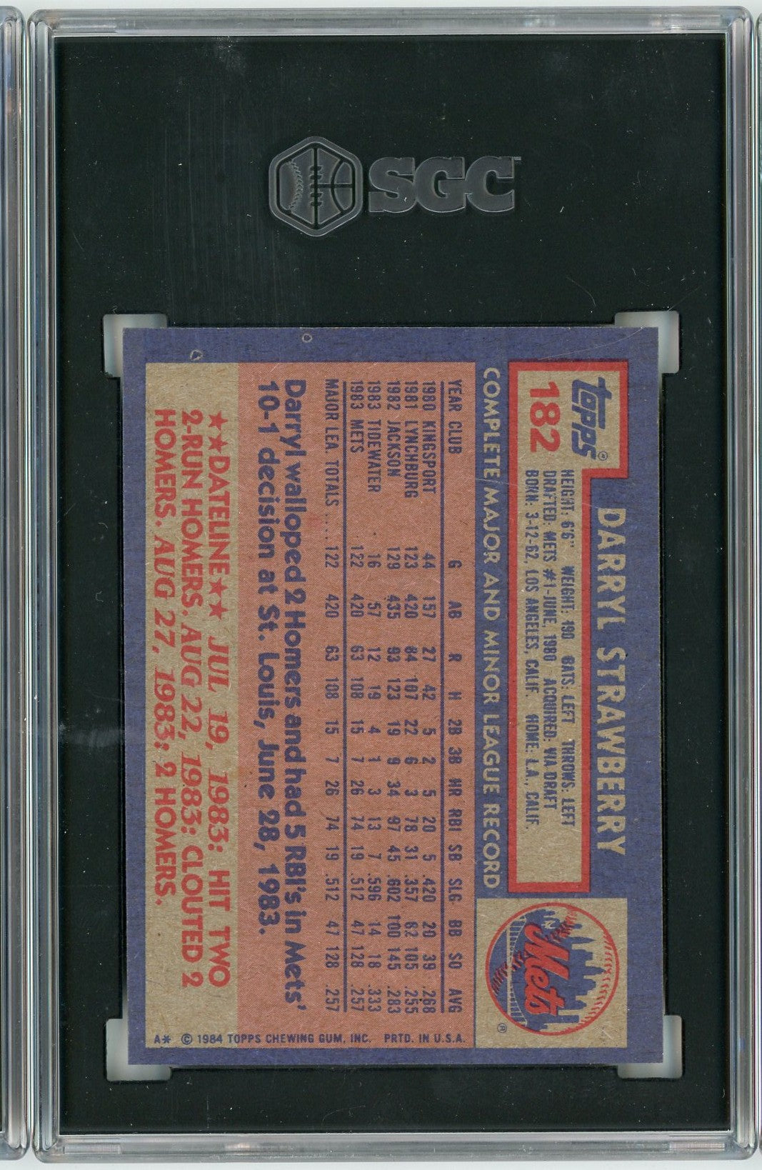 Graded 1984 Topps Darryl Strawberry #182 Rookie RC Baseball Card SGC 7.5