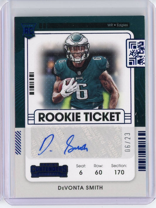 2021 Panini Contenders Blue Variation Rookie Ticket Devonta Smith #107 Jersey Number 6/23 Auto Rookie RC Football Card