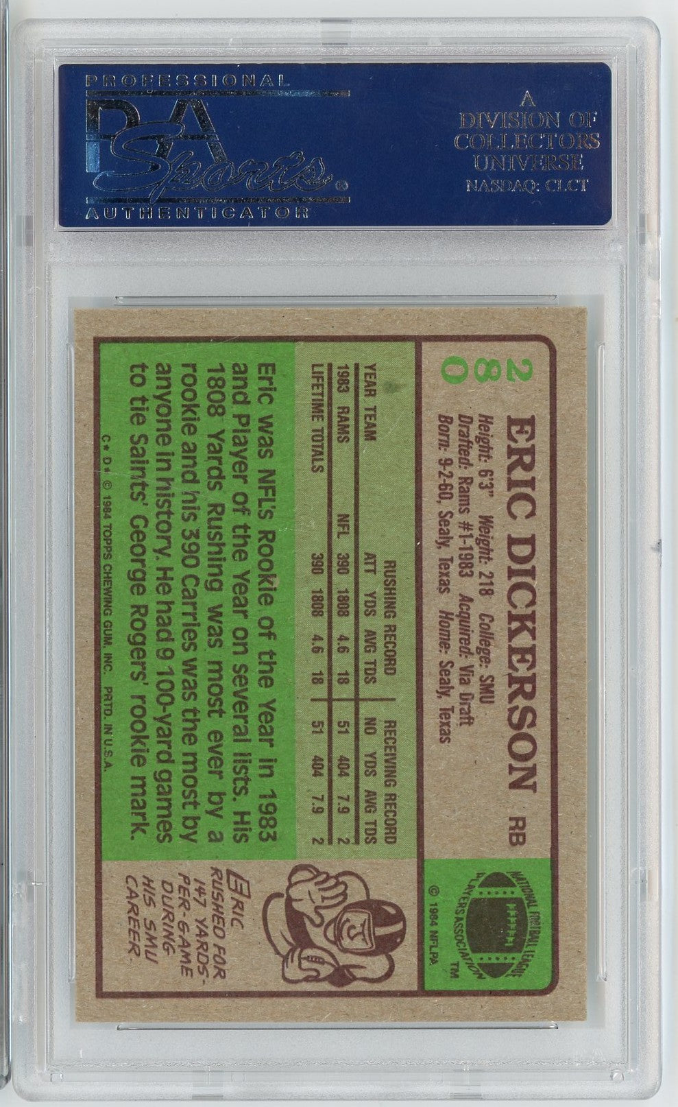 Graded 1984 Topps Eric Dickerson #RAMS Rookie RC Football Card PSA 9 Mint