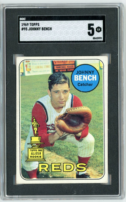 Graded 1969 Topps Johnny Bench #95 All-Star Rookie Cup RC Baseball Card SGC 5