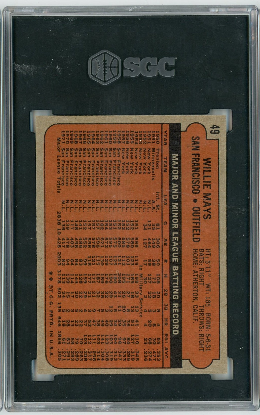 Graded 1972 Topps Willie Mays #49 Baseball Card SGC 7 Near Mint