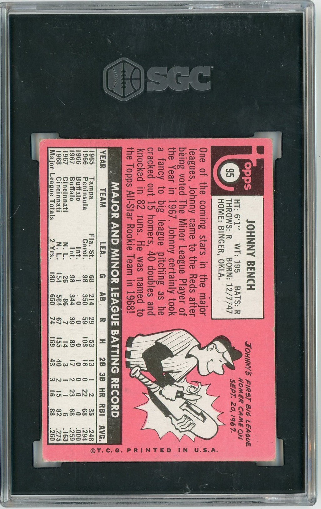 Graded 1969 Topps Johnny Bench #95 All-Star Rookie Cup RC Baseball Card SGC 5