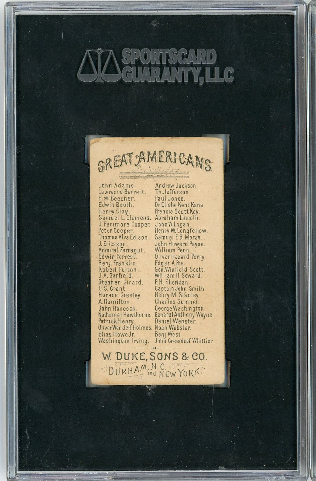 Graded 1888 N76 W. Duke, Sons & Co. Great Americans #BW Benjamin West Baseball Tobacco Card SGC 4