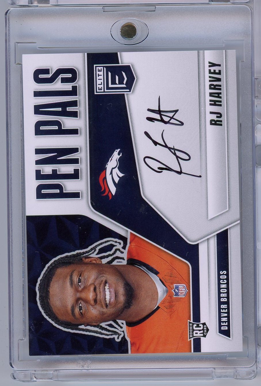 2025 Donruss Elite Pen Pals RJ Harvey #PPRJH Auto Rookie RC Football Card