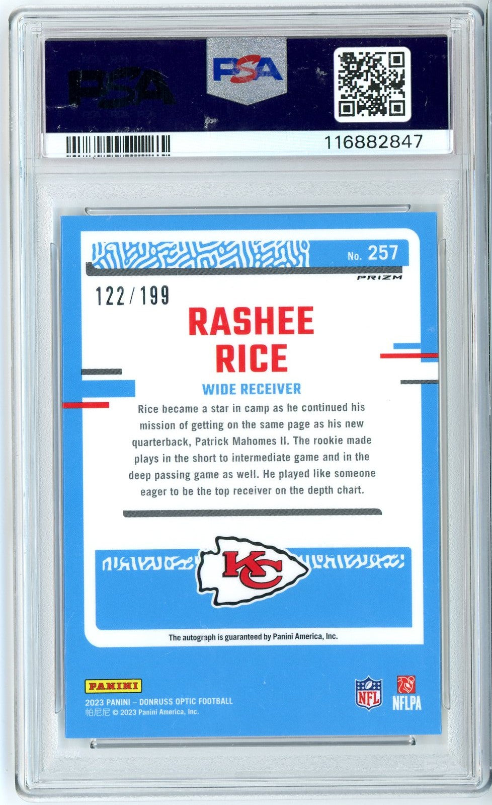 Graded 2023 Panini Donruss Optic Rashee Rice #257 /199 Autograph Rookie RC Football Card PSA 10 Gem Mint