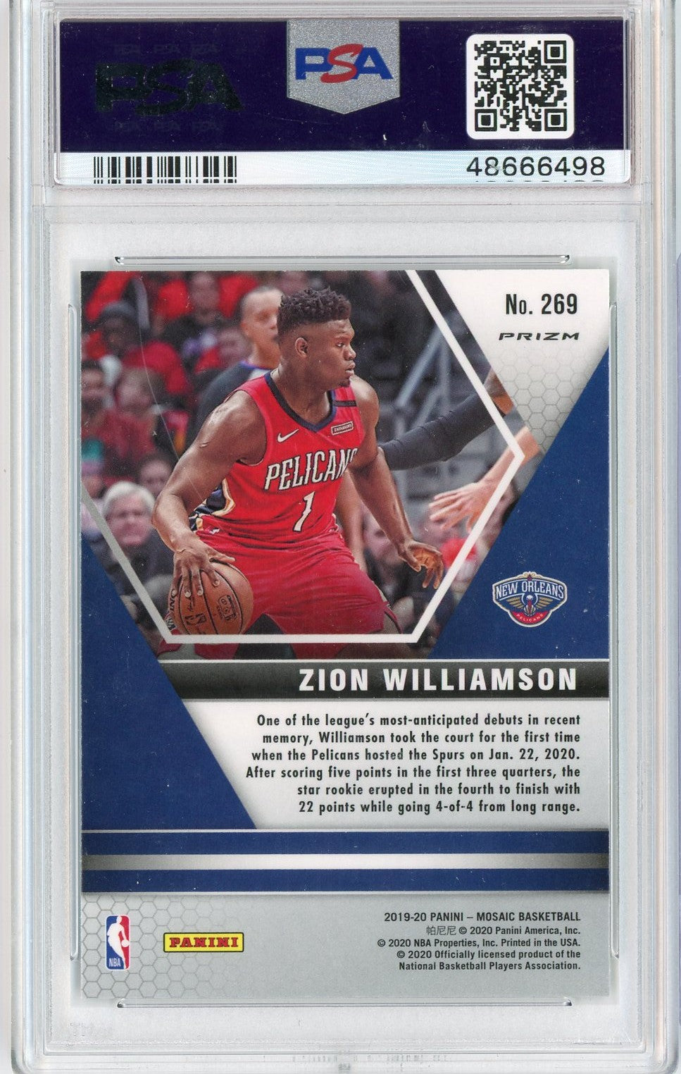 Graded 2019 Panini Mosaic Zion Williamson #269 Green Mosaic Rookie RC Basketball Card PSA 10 Gem Mint