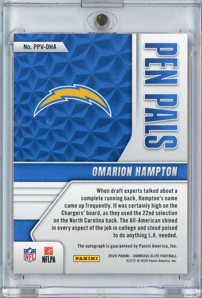 2025 Donruss Elite Pen Pals Vertical Omarion Hampton #PPVOHA Black Gold Ink Auto Rookie RC Football Card
