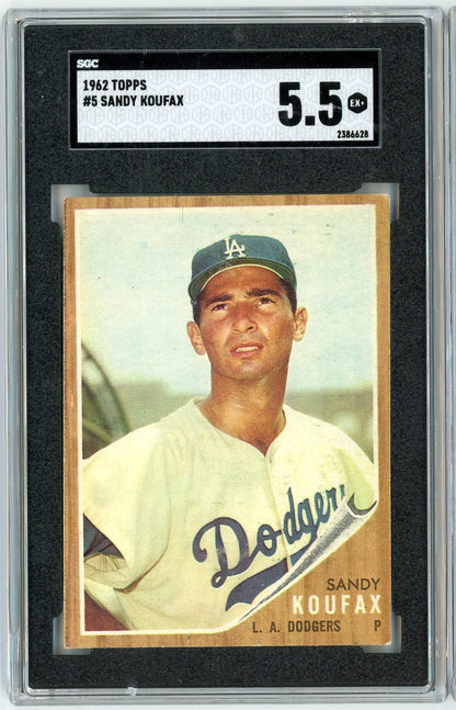 Graded 1962 Topps Sandy Koufax #5 Baseball Card SGC 5.5 Excellent+