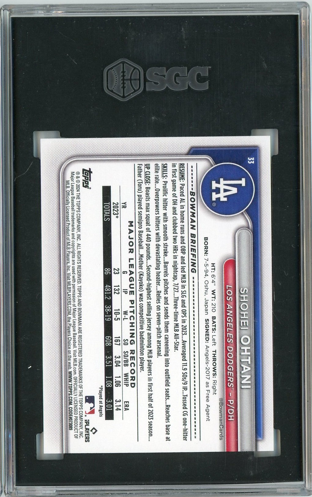 Graded 2024 Topps Bowman Shohei Ohtani #33 Baseball Card SGC 10 Gem Mint