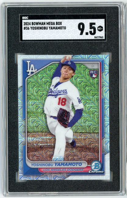 Graded 2024 Topps Bowman Mega Box Yoshinobu Yamamoto #36 Rookie RC Baseball Card SGC 9.5 Mint+