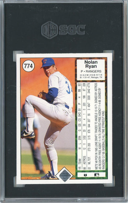 Graded 1989 Upper Deck Nolan Ryan Throwing Football #774 Baseball Card SGC 9 Mint