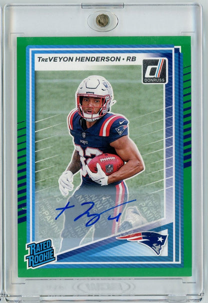2025 Panini Donruss TreVeyon Henderson #332 Green Auto New England Patriots Rookie RC Football Card