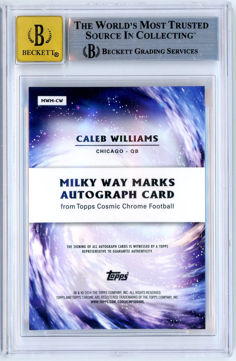 Graded 2024 Topps Cosmic Chrome Football Caleb Williams #MWM-CW /25 Milky Way Marks Auto Rookie RC Football Card BGS 9 10 Auto Grade