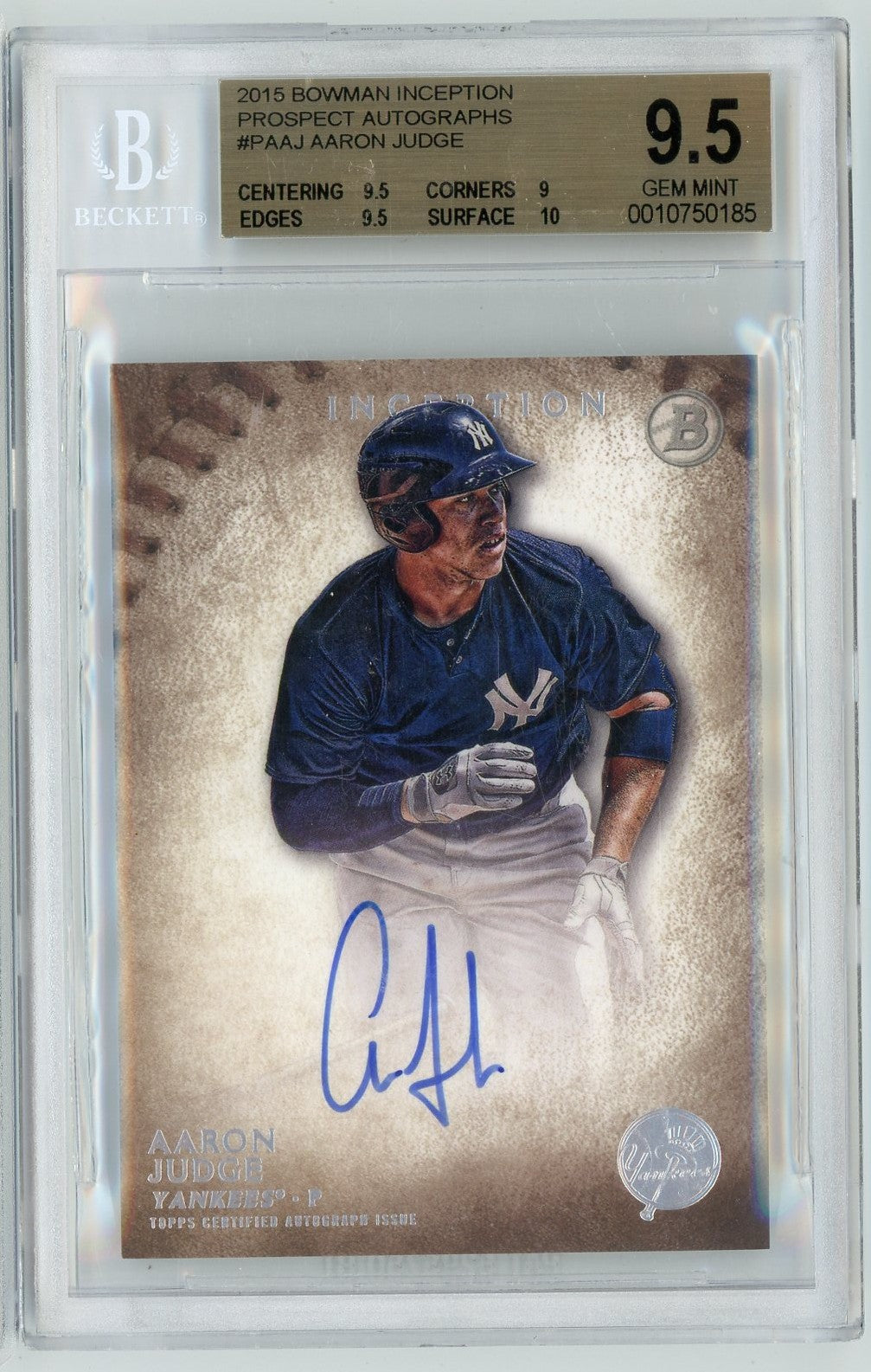 Graded 2015 Bowman Inception Aaron Judge #PAAJ Prospect Autographs Rookie RC Baseball Card BGS 9.5 10 Auto Grade Gem Mint