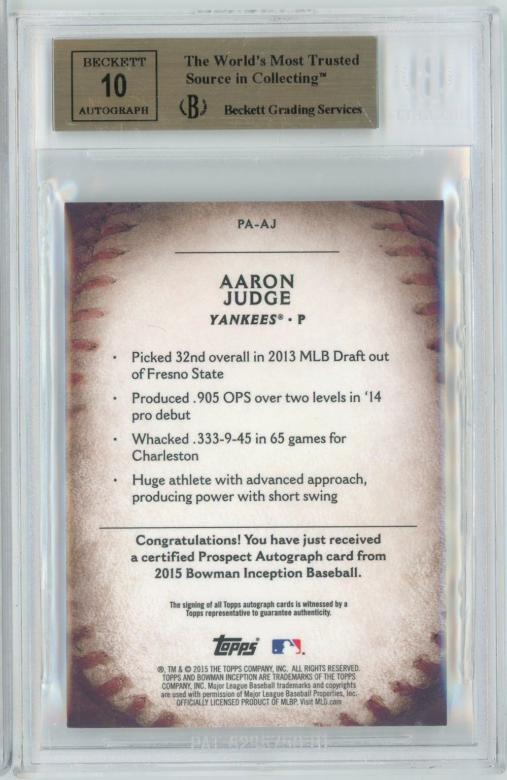 Graded 2015 Bowman Inception Aaron Judge #PAAJ Prospect Autographs Rookie RC Baseball Card BGS 9.5 10 Auto Grade Gem Mint