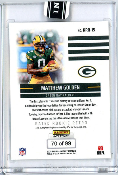 2025 Panini Instant NFL Matthew Golden #15 Rated Retro Rookie Auto /99 Green Bay Packers Rookie RC Football Card