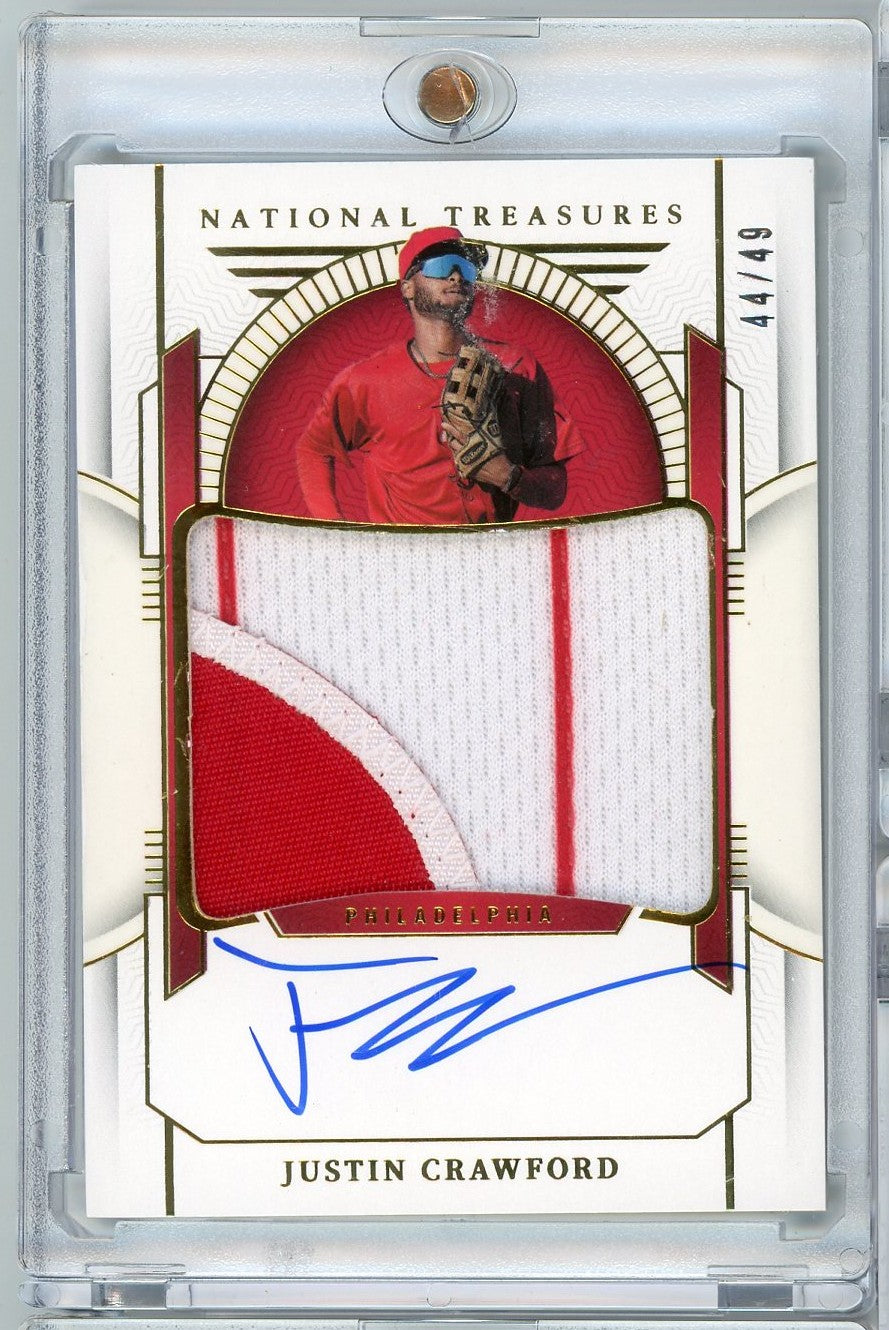 2024 Panini National Treasures Justin Crawford #PMSJC /49 Rookie Patch Auto Rookie RC Baseball Card