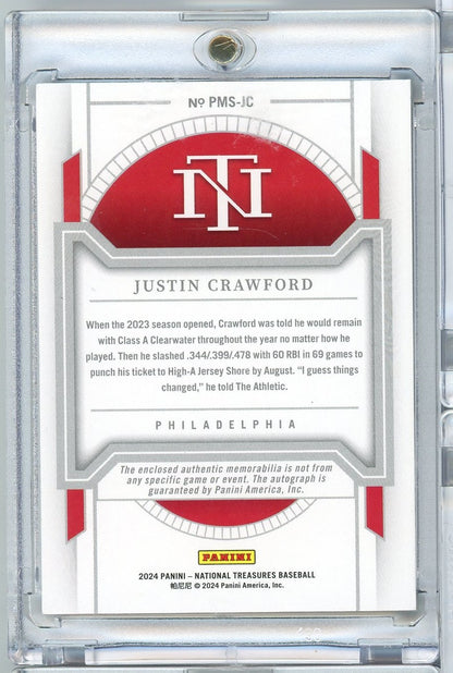 2024 Panini National Treasures Justin Crawford #PMSJC /49 Rookie Patch Auto Rookie RC Baseball Card