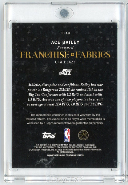 2025 Topps Ace Bailey #FFAB Franchise Fabrics Player Worn Relic Utah Jazz Rookie RC Basketball Card