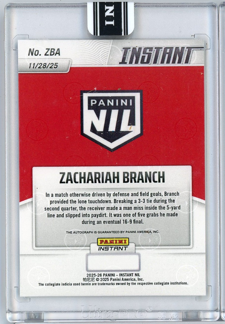 2025 Panini Instant Zachariah Branch #ZBA Auto Georgia Bulldogs Rookie RC Football Card