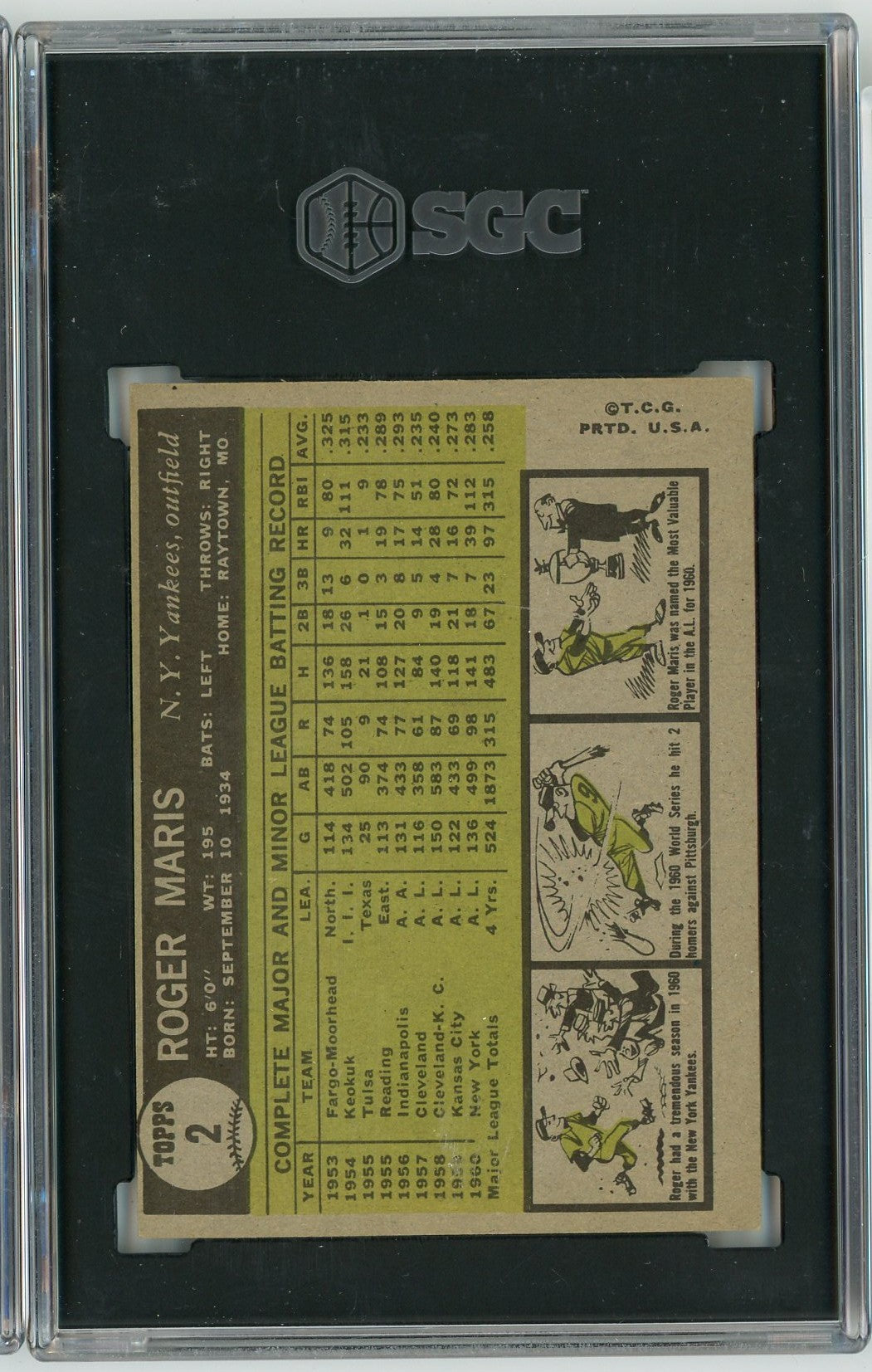 Graded 1961 Topps Roger Maris #2 Baseball Card SGC 7 Near Mint