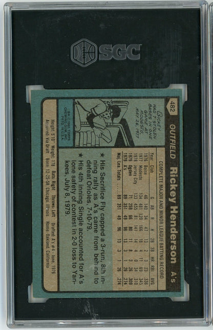Graded 1980 Topps Rickey Henderson #482 Rookie RC Baseball Card SGC 7 Near Mint