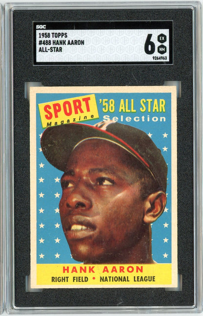 Graded 1958 Topps All Star Hank Aaron #488 Baseball Card SGC 6 EX-NM