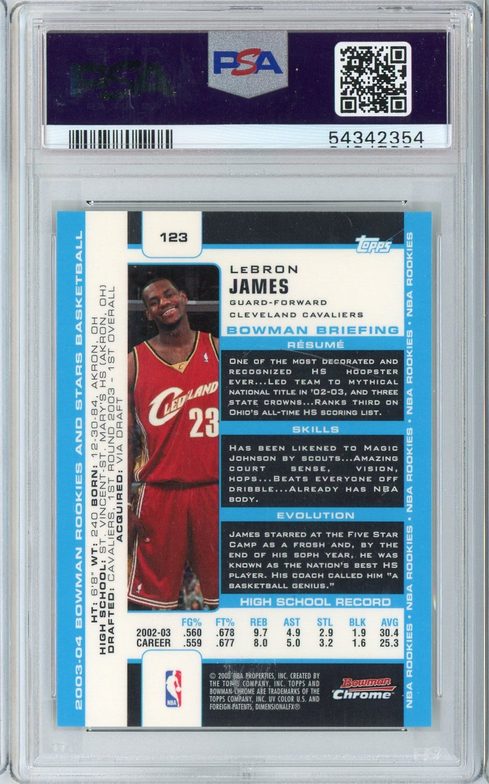 Graded 2003 Bowman Chrome Rookies & Stars LeBron James #123 Rookie RC Basketball Card PSA 9 Mint