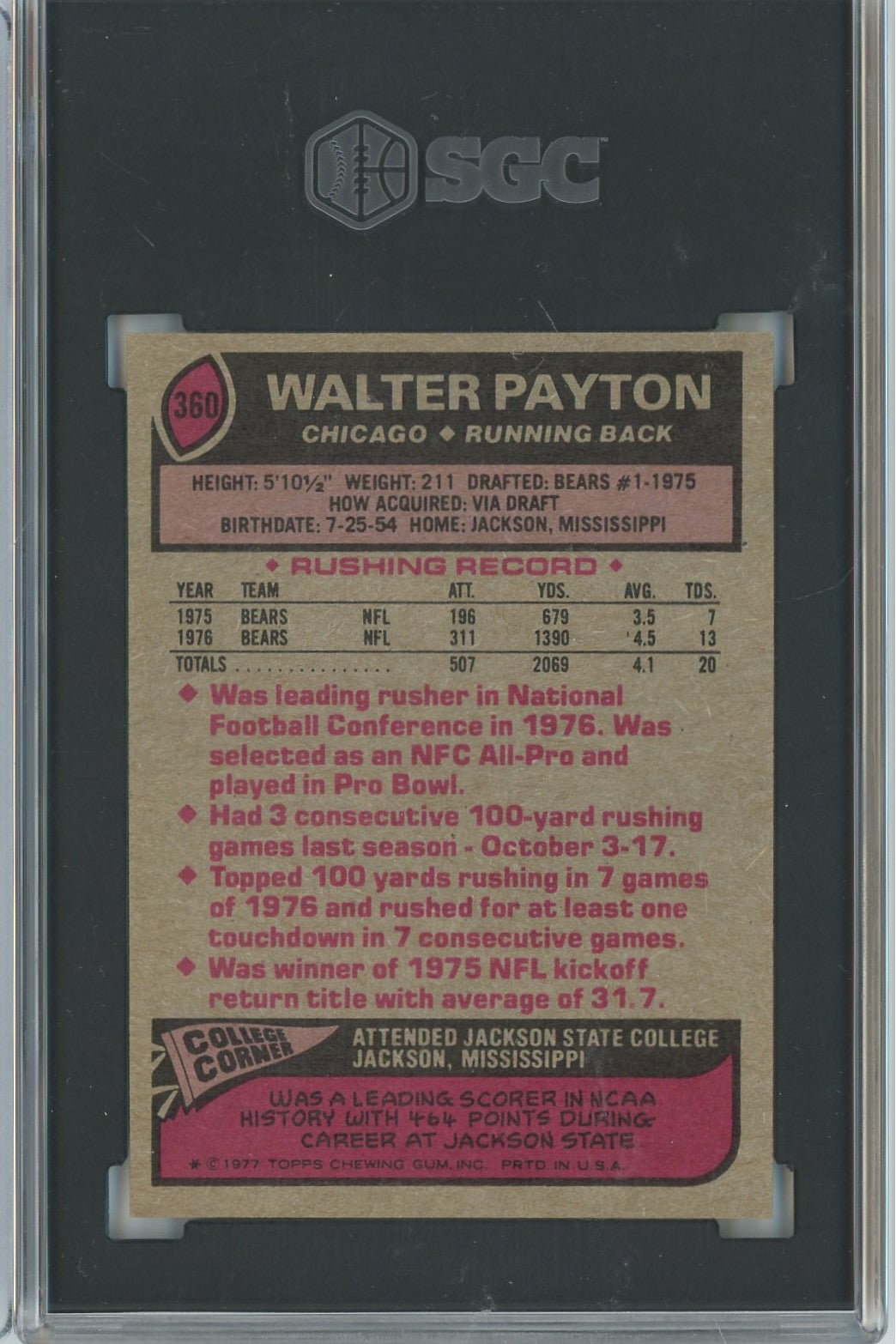 Graded 1977 Topps Walter Payton #360 2nd Year Football Card SGC 8 NM-MT