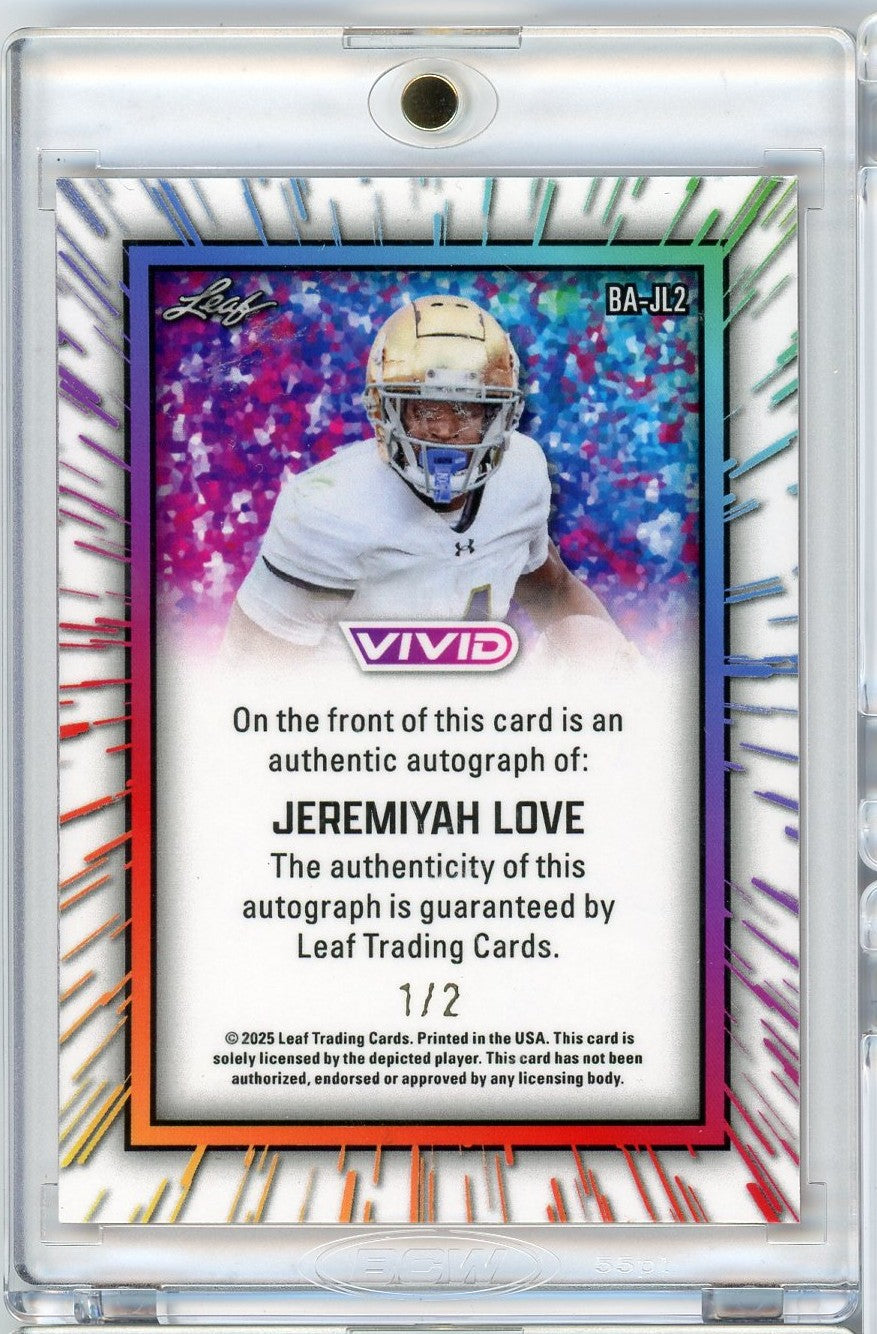 2025 Leaf Vivid Jeremiyah Love #BAJL2 Auto /2 Notre Dame Rookie RC Football Card