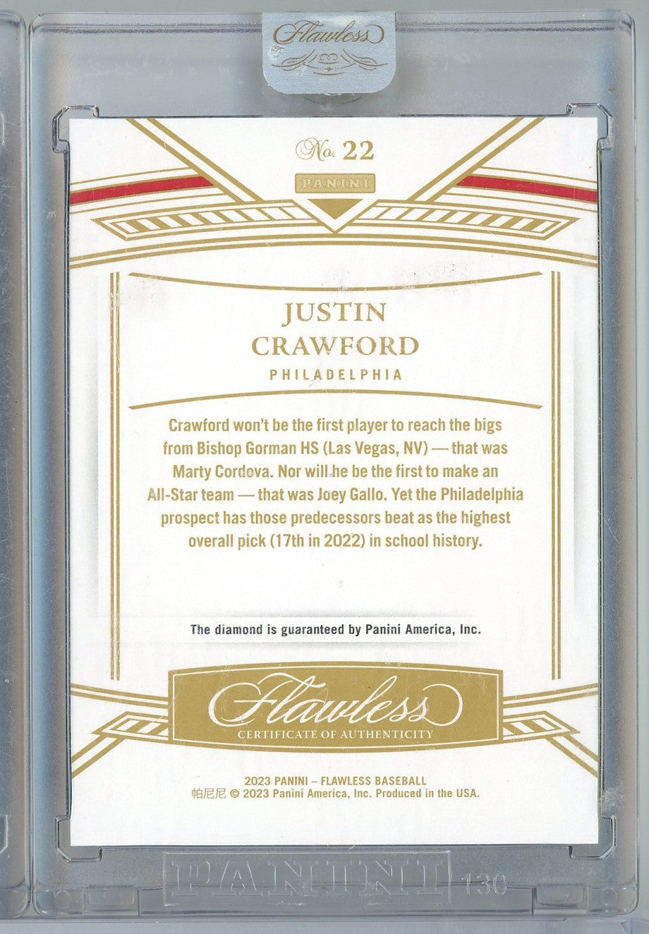 2023 Panini Flawless Justin Crawford #22 01/10 Yellow Diamond Rookie RC Baseball Card