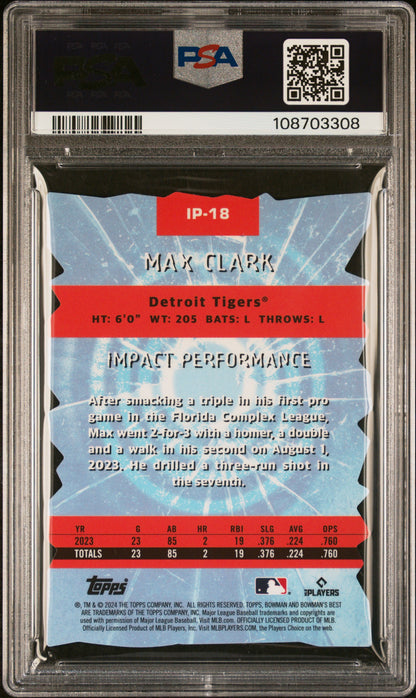 Graded 2024 Topps Bowmans Best Max Clark #IP18 Impact Players Mini Diamond Rookie RC Baseball Card PSA 10 Gem Mint