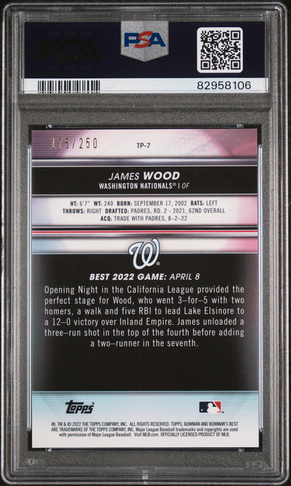 Graded 2022 Topps Bowmans Best James Wood #TP7 Top Prospects Purple Ref Rookie RC Baseball Card PSA 10 Gem Mint