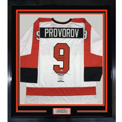 Framed Autographed/Signed Ivan Provorov 35x39 Philadelphia White Hockey Jersey Beckett BAS COA