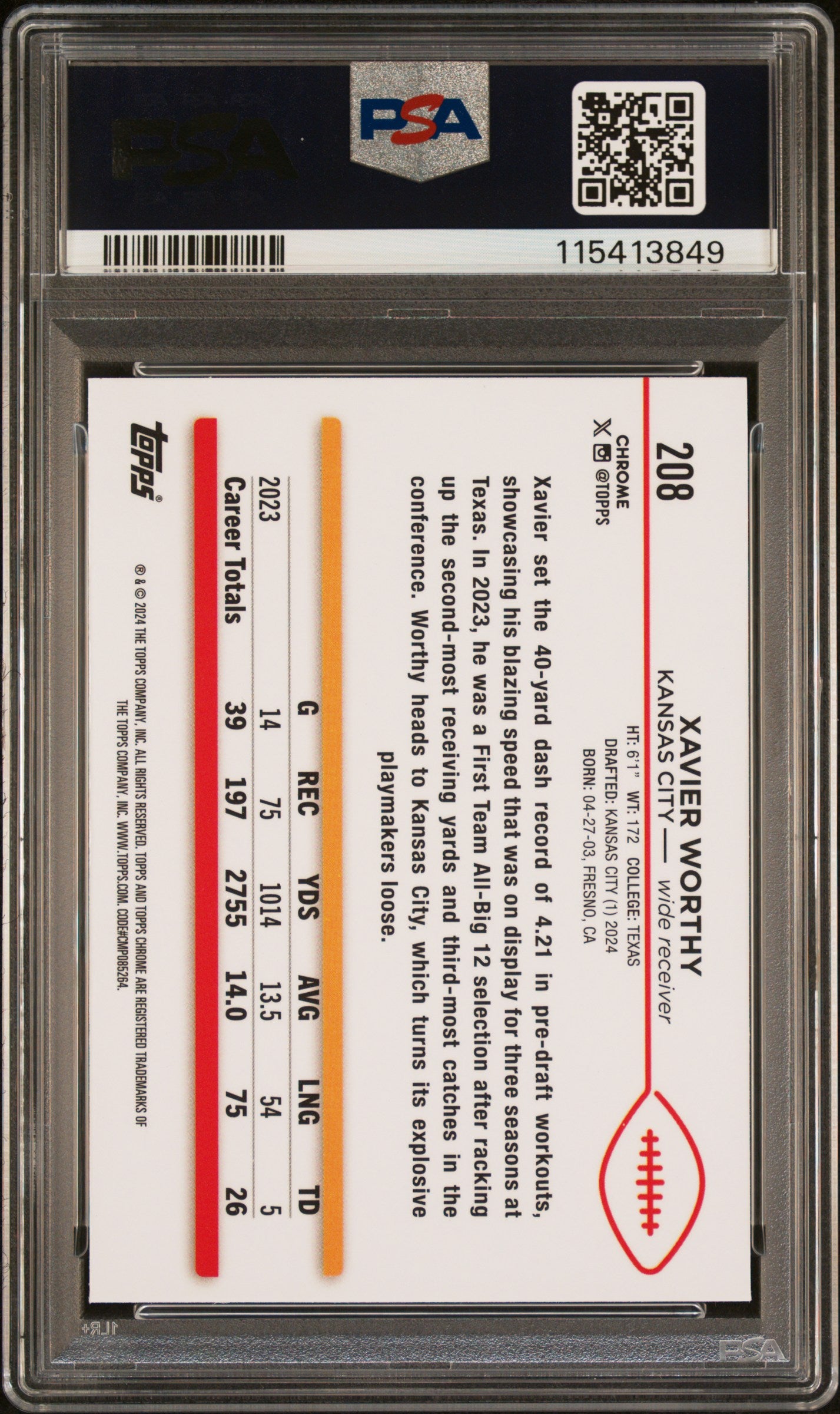 Graded 2024 Topps Chrome Xavier Worthy #208 Rookie RC Football Card PSA 9 Mint