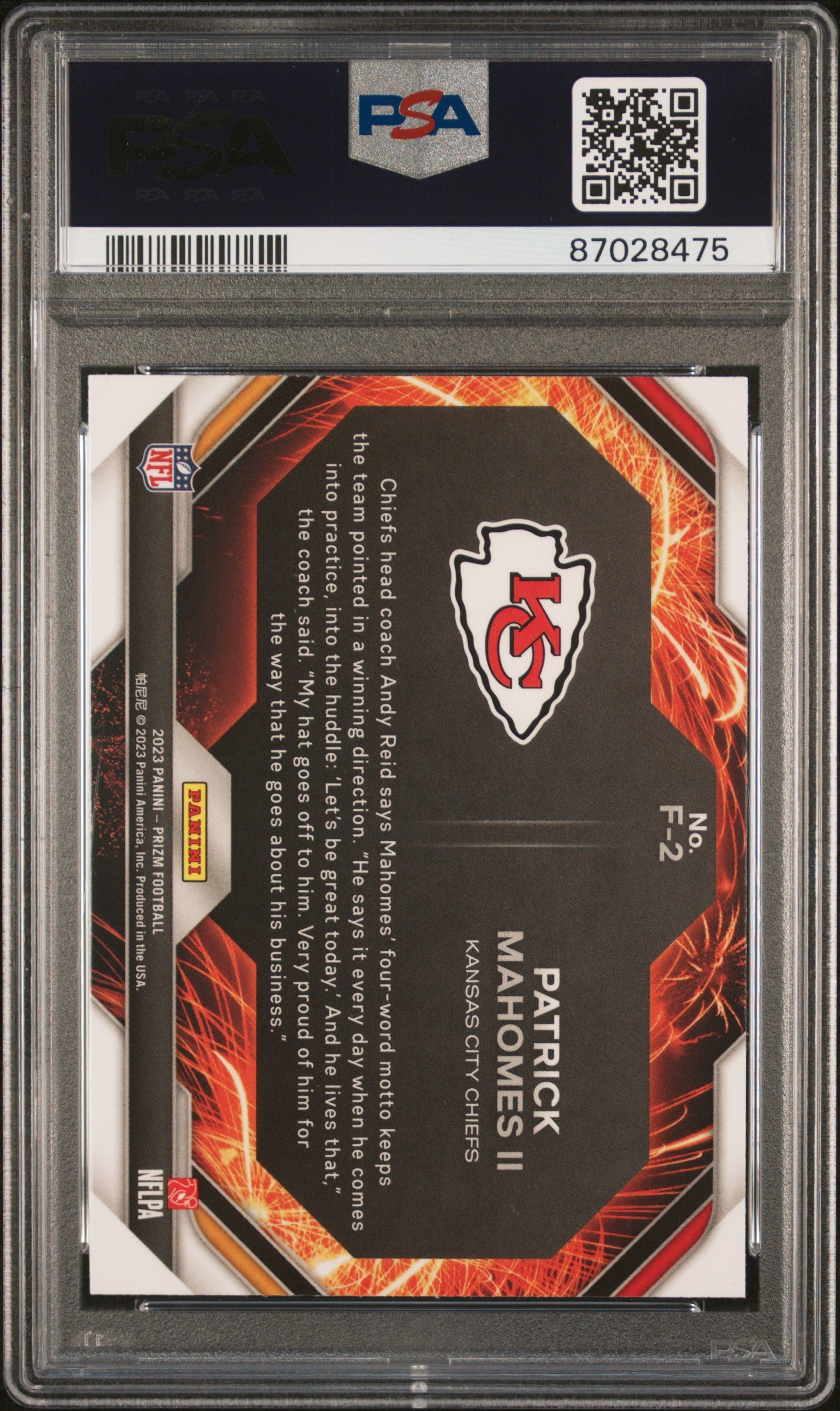 Graded 2023 Panini Prizm Patrick Mahomes II #F2 Fireworks Football Card PSA 10 Gem Mint