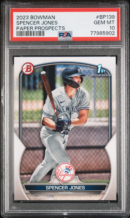 Graded 2023 Topps Bowman Spencer Jones #BP139 Paper Prospects Rookie RC Baseball Card PSA 10 Gem Mint
